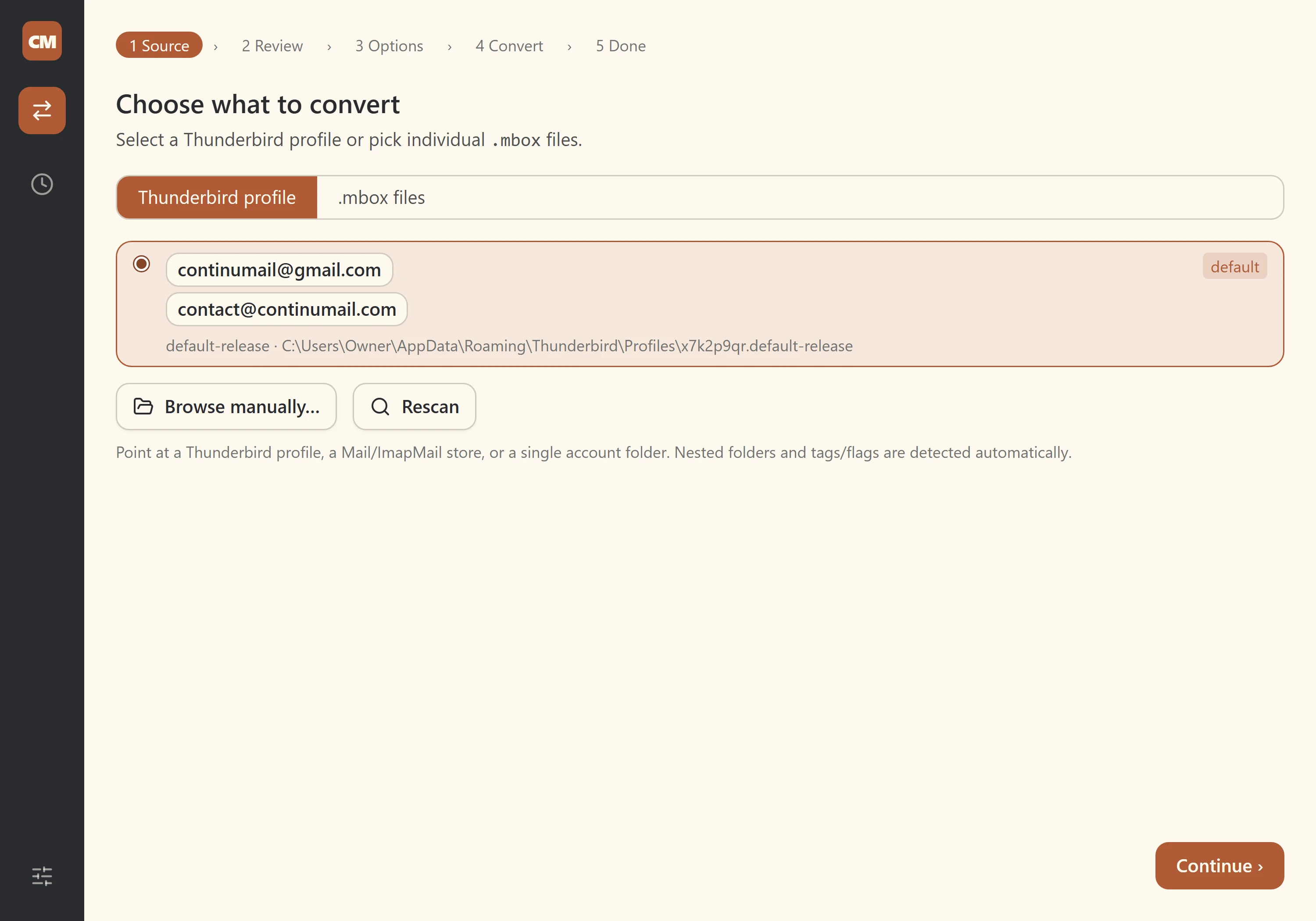 ContinuMail Converter after scanning for Thunderbird profiles, listing the mail accounts and local archives it found