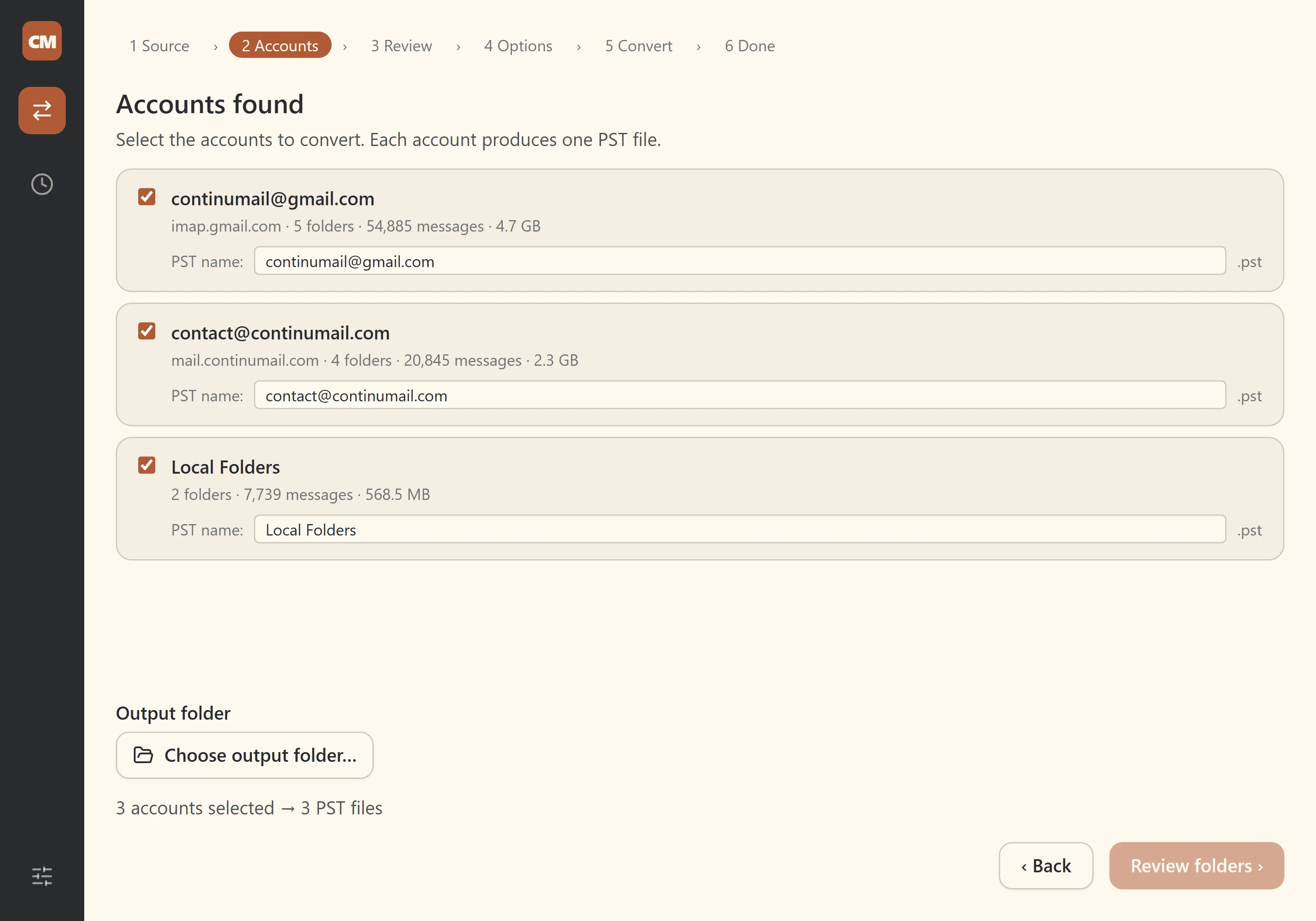 The accounts step in ContinuMail Converter, showing one box per Thunderbird account