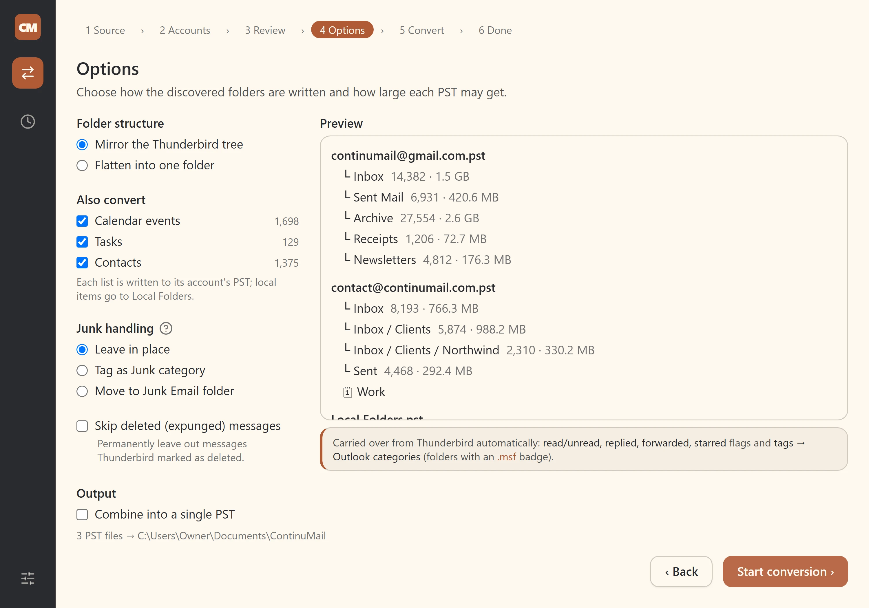 The Options step in ContinuMail Converter, with folder mapping and split size and a preview of the resulting Outlook folder tree