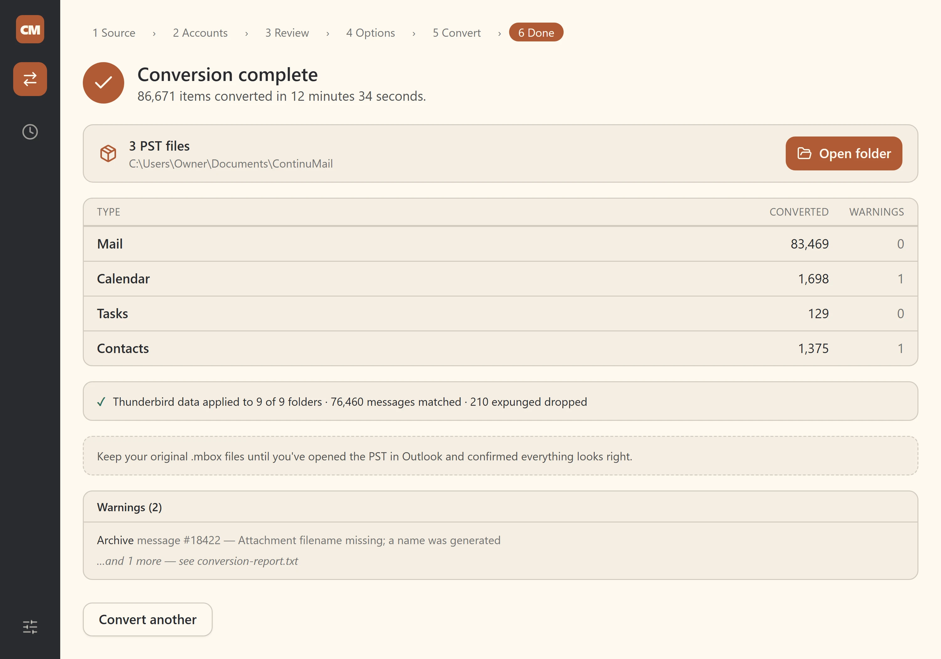 The Done screen in ContinuMail Converter after a successful conversion, summarising the results